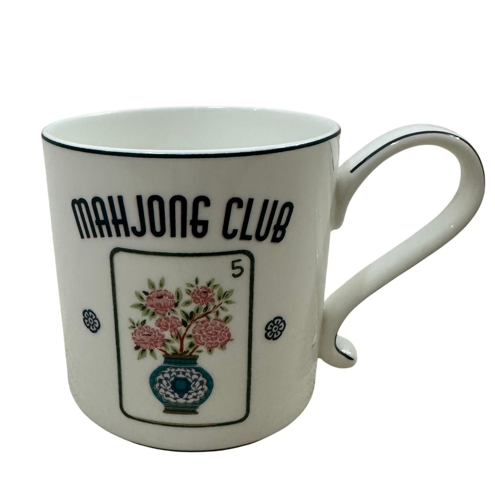 Envogue Mahjong Club Fine Bone China Coffee Mug Floral Tile Graphic White 4in